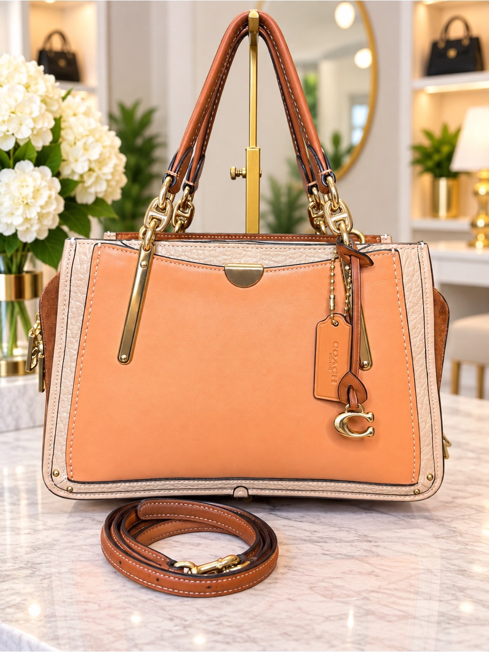 Coach Dreamer Pebbled Leather Satchel in Warm Tan and Cream